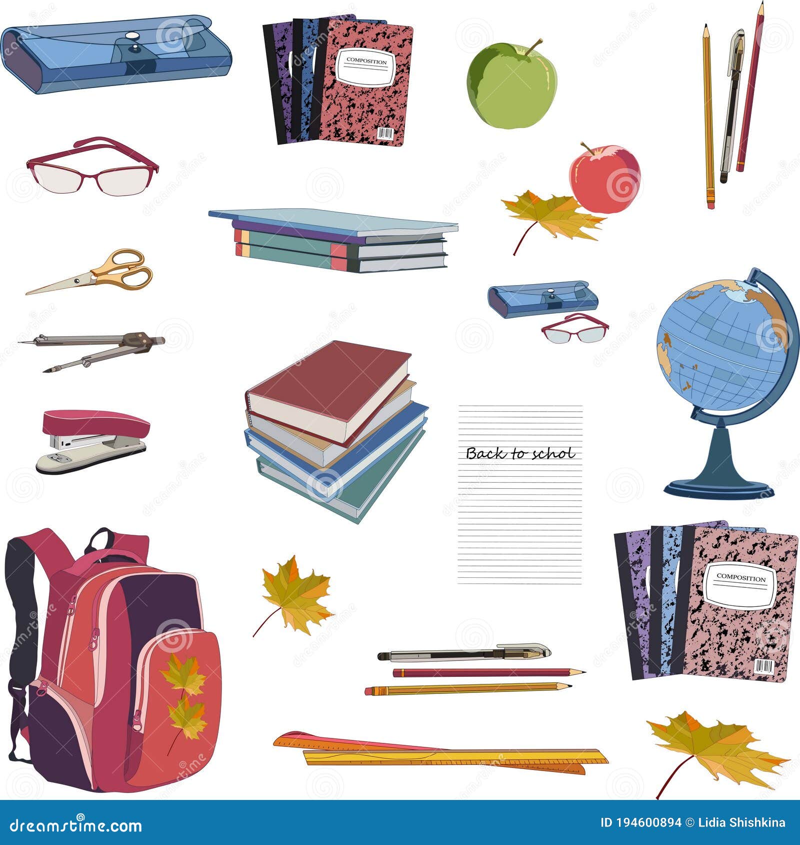 back to school.  collection of school supplies.  on a white background.
